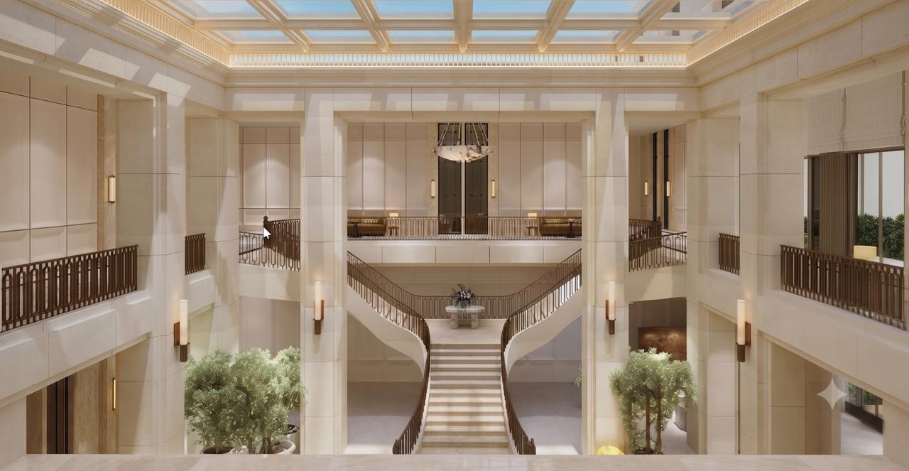 Lodha Hopefarm Whitefield grand atrium with skylight and twin staircases — illustrative concept