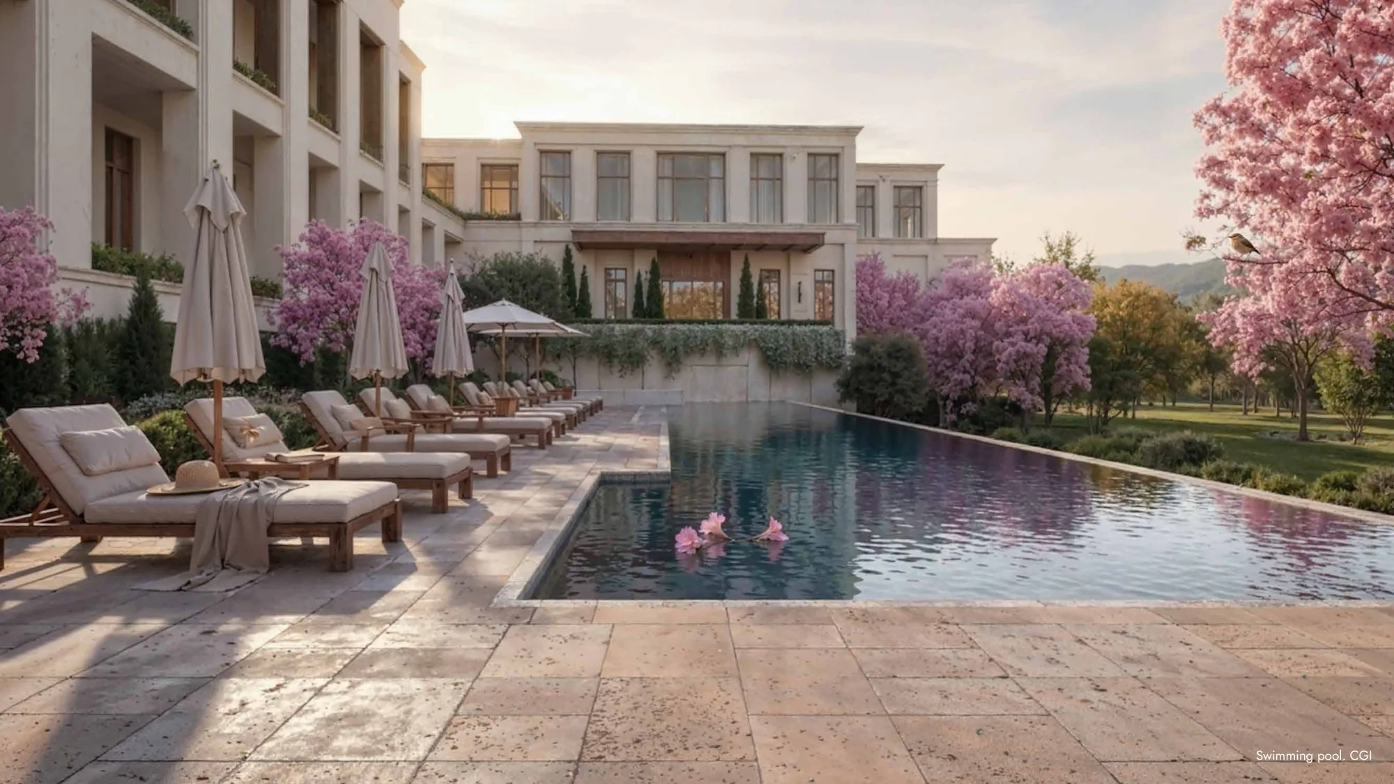 Swimming pool and grand clubhouse in bloom at Lodha Beaumont Estate