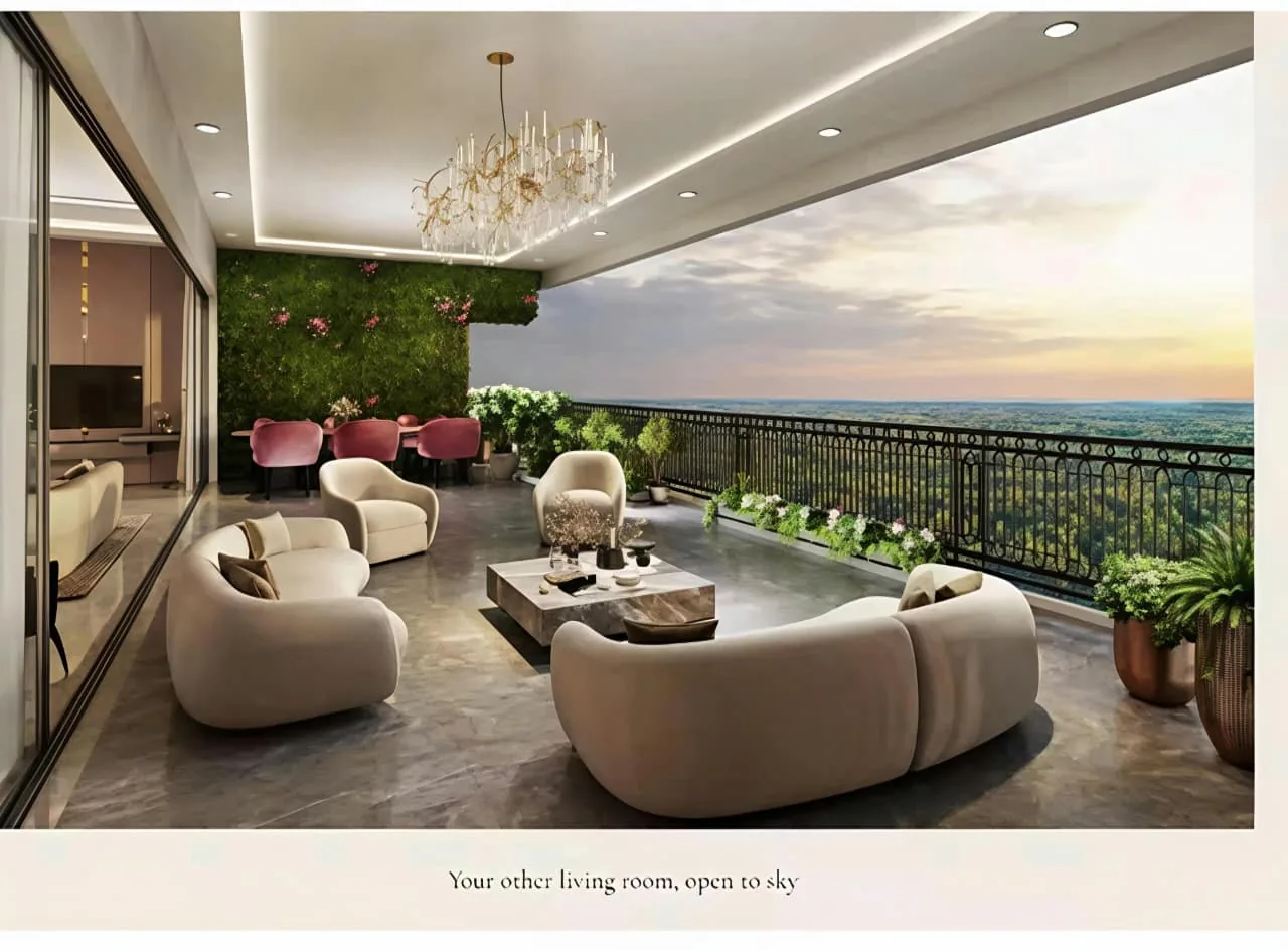Private balcony lounge overlooking the garden estate at Lodha Beaumont Estate